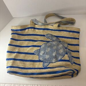 Vera Bradley Blue Stripe Woven Straw Beach Bag Tote Sea Turtle Medallion Retired